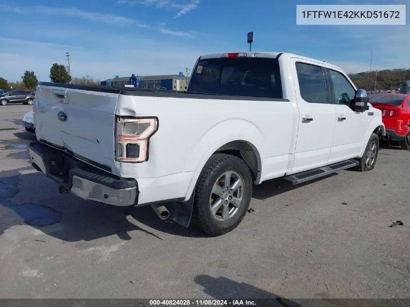 2019 Ford F-150 Lariat VIN: 1FTFW1E42KKD51672 Lot: 40824028