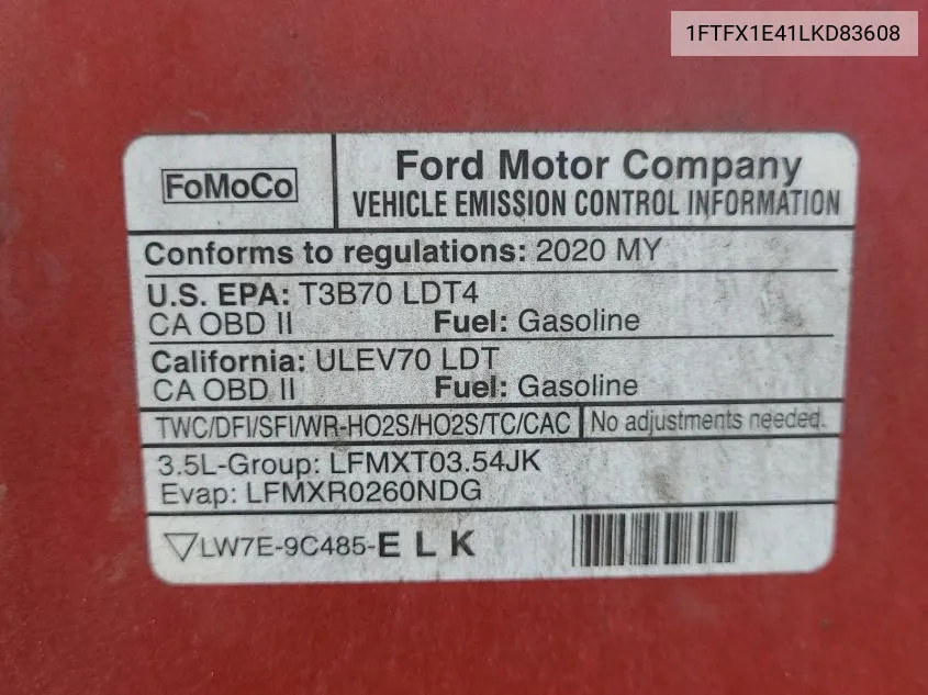 2020 Ford F150 Super Cab VIN: 1FTFX1E41LKD83608 Lot: 40881487