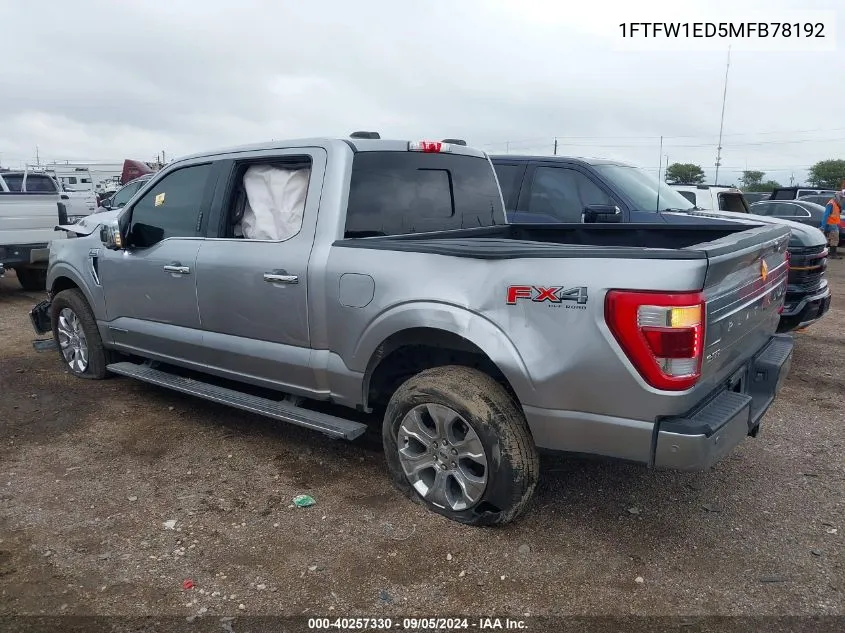 2021 Ford F150 Supercrew VIN: 1FTFW1ED5MFB78192 Lot: 40257330