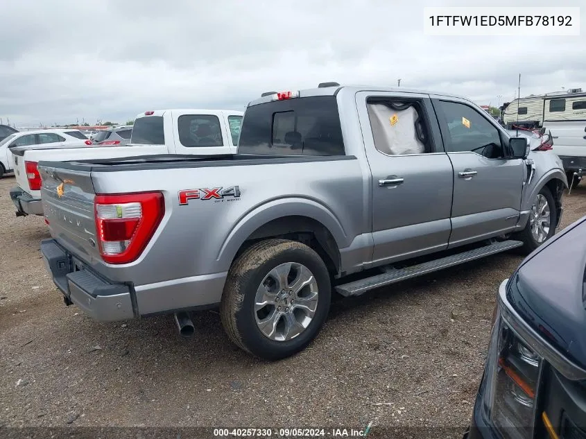 2021 Ford F150 Supercrew VIN: 1FTFW1ED5MFB78192 Lot: 40257330