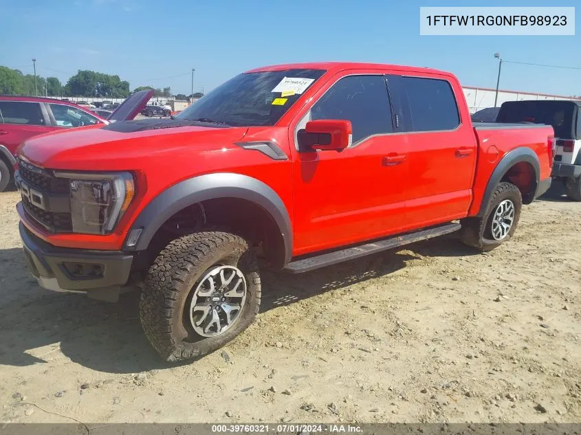 2022 Ford F-150 Raptor VIN: 1FTFW1RG0NFB98923 Lot: 39760321