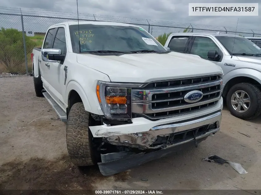 2022 Ford F-150 Lariat VIN: 1FTFW1ED4NFA31587 Lot: 39971761