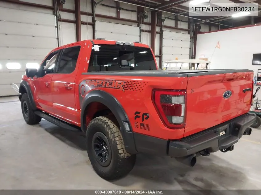 2022 Ford F-150 Raptor VIN: 1FTFW1RG0NFB30234 Lot: 40087619