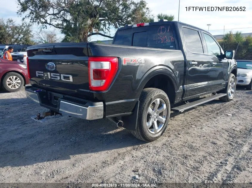 2022 Ford F-150 Lariat VIN: 1FTFW1ED7NFB20652 Lot: 40812670