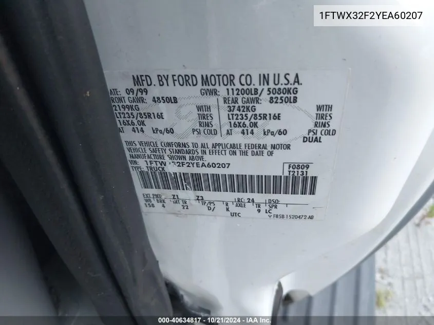 2000 Ford F-350 Lariat/Xl/Xlt VIN: 1FTWX32F2YEA60207 Lot: 40634817