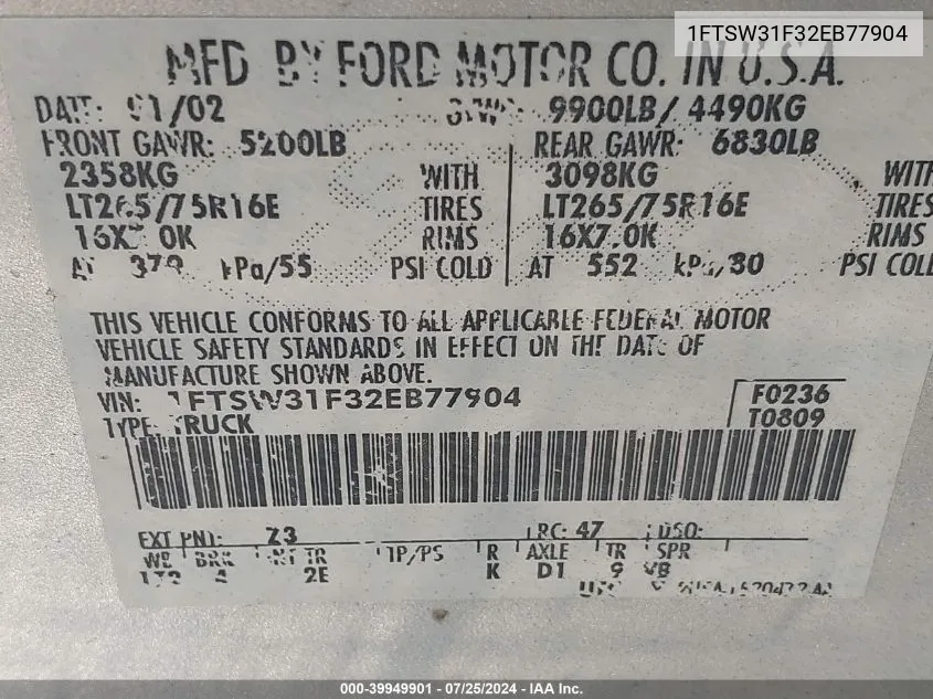 1FTSW31F32EB77904 2002 Ford F-350 Lariat/Xl/Xlt