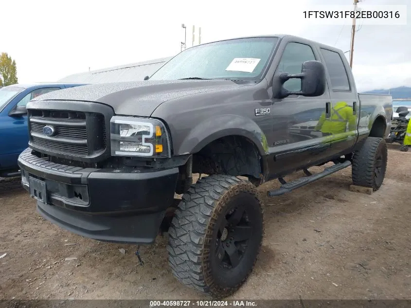 2002 Ford F-350 Lariat/Xl/Xlt VIN: 1FTSW31F82EB00316 Lot: 40598727