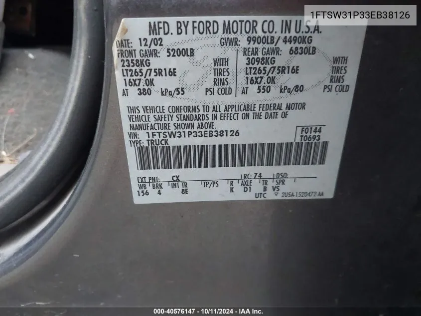 1FTSW31P33EB38126 2003 Ford F-350 Srw Super Duty