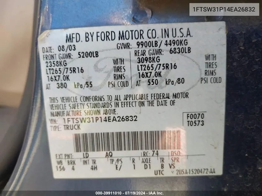 1FTSW31P14EA26832 2004 Ford F-350 Lariat/Xl/Xlt