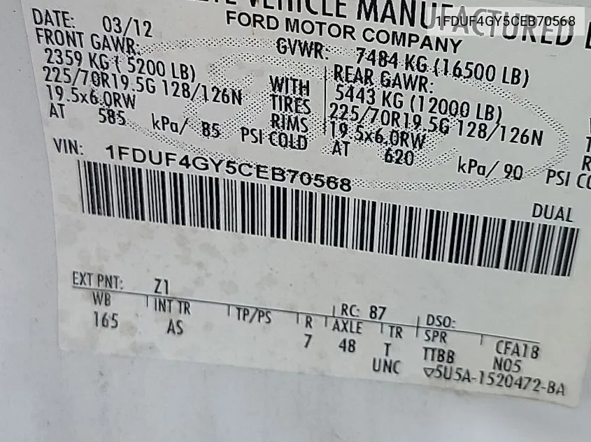 1FDUF4GY5CEB70568 2012 Ford F450 Super Duty