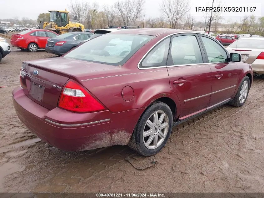 2005 Ford Five Hundred Limited VIN: 1FAFP251X5G201167 Lot: 40781221