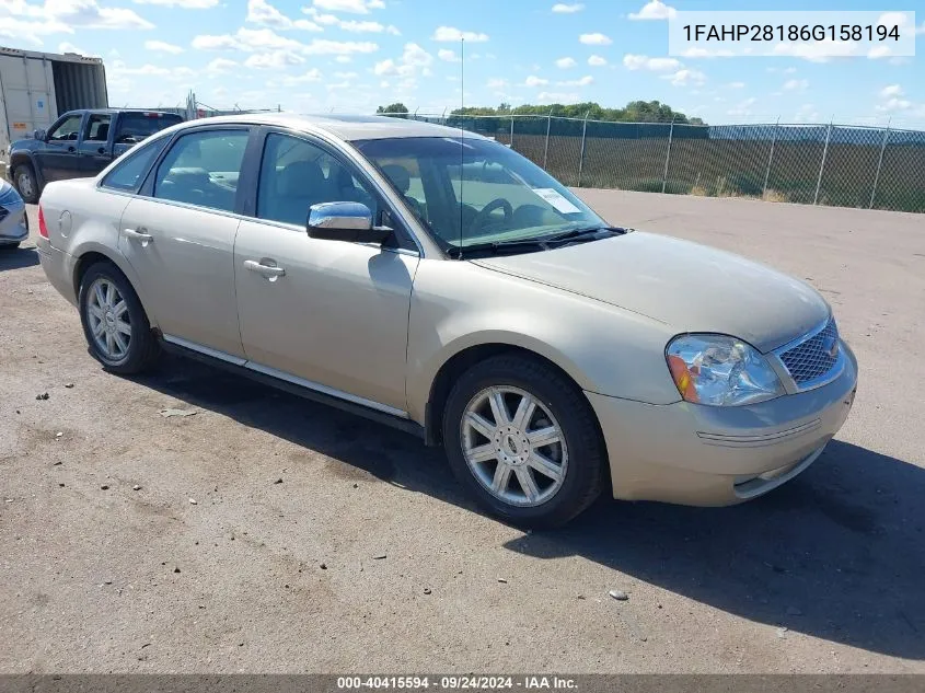 2006 Ford Five Hundred Limited VIN: 1FAHP28186G158194 Lot: 40415594