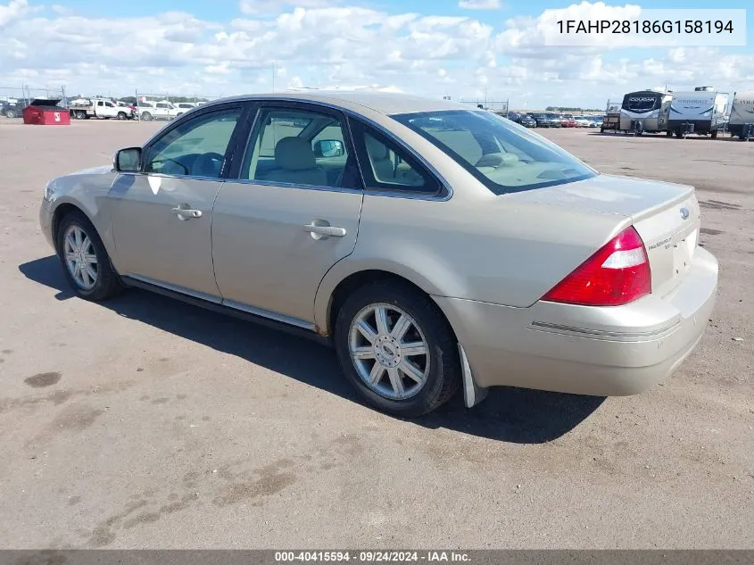 2006 Ford Five Hundred Limited VIN: 1FAHP28186G158194 Lot: 40415594