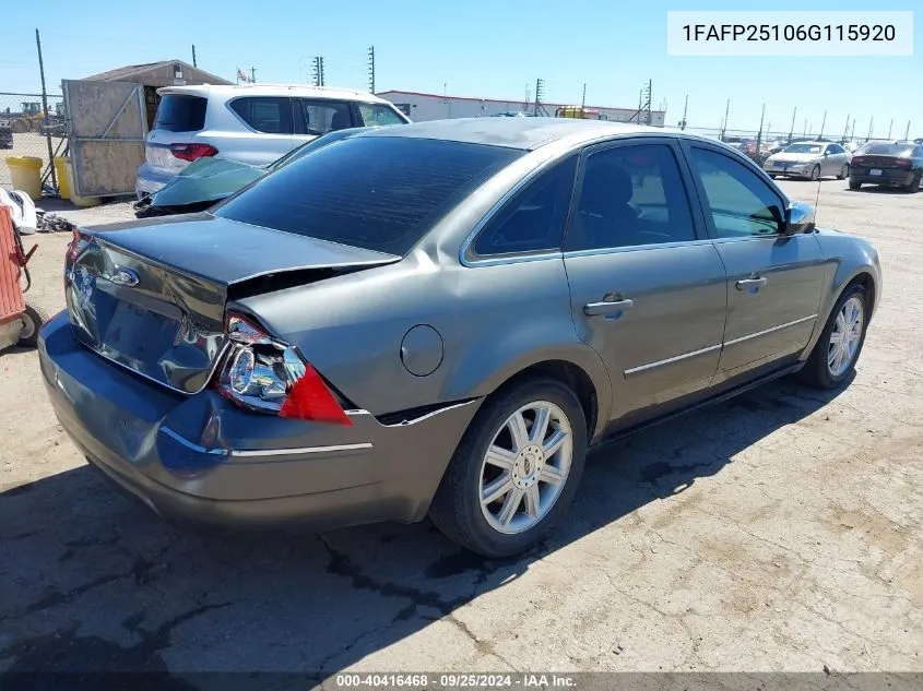 2006 Ford Five Hundred Limited VIN: 1FAFP25106G115920 Lot: 40416468