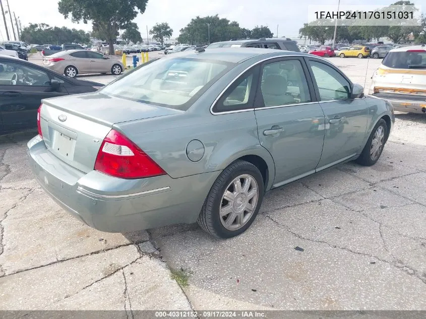 2007 Ford Five Hundred Sel VIN: 1FAHP24117G151031 Lot: 40312152