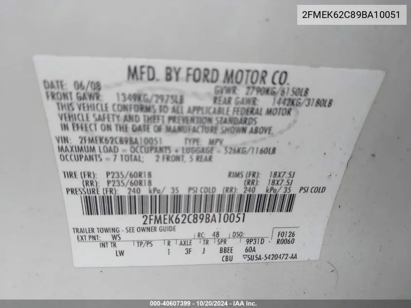 2009 Ford Flex Sel VIN: 2FMEK62C89BA10051 Lot: 40607399