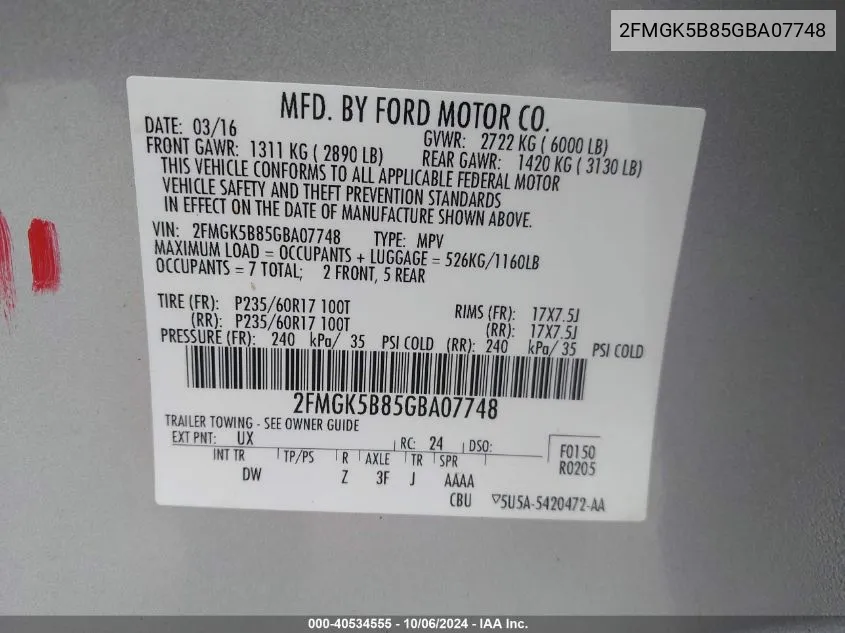 2016 Ford Flex Se VIN: 2FMGK5B85GBA07748 Lot: 40534555