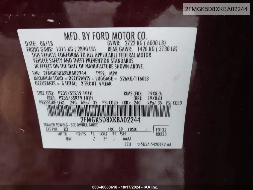 2019 Ford Flex Limited VIN: 2FMGK5D8XKBA02244 Lot: 40633618