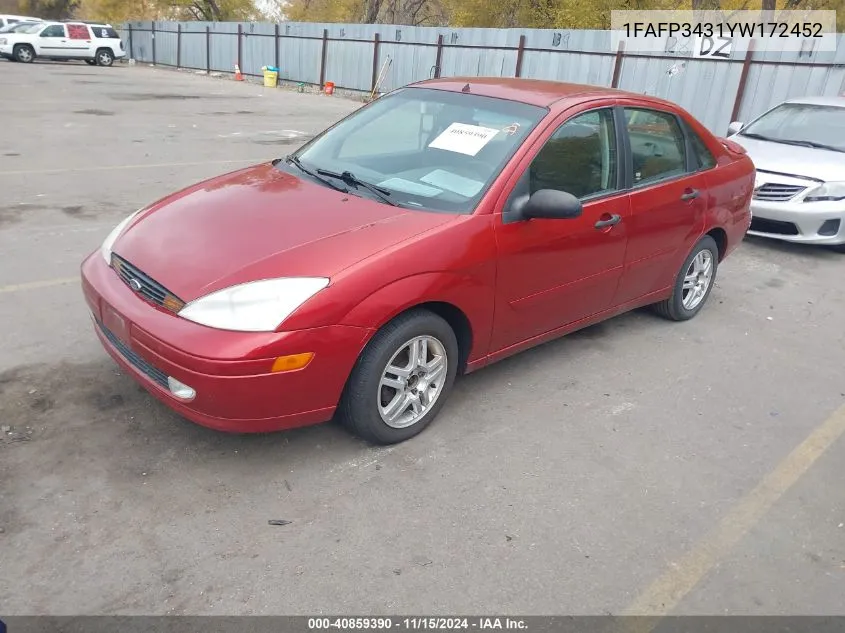 2000 Ford Focus Se VIN: 1FAFP3431YW172452 Lot: 40859390