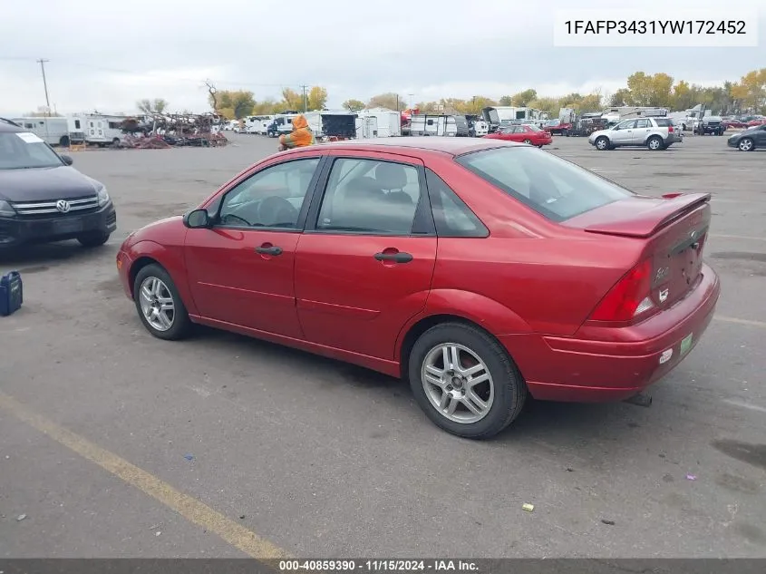 2000 Ford Focus Se VIN: 1FAFP3431YW172452 Lot: 40859390