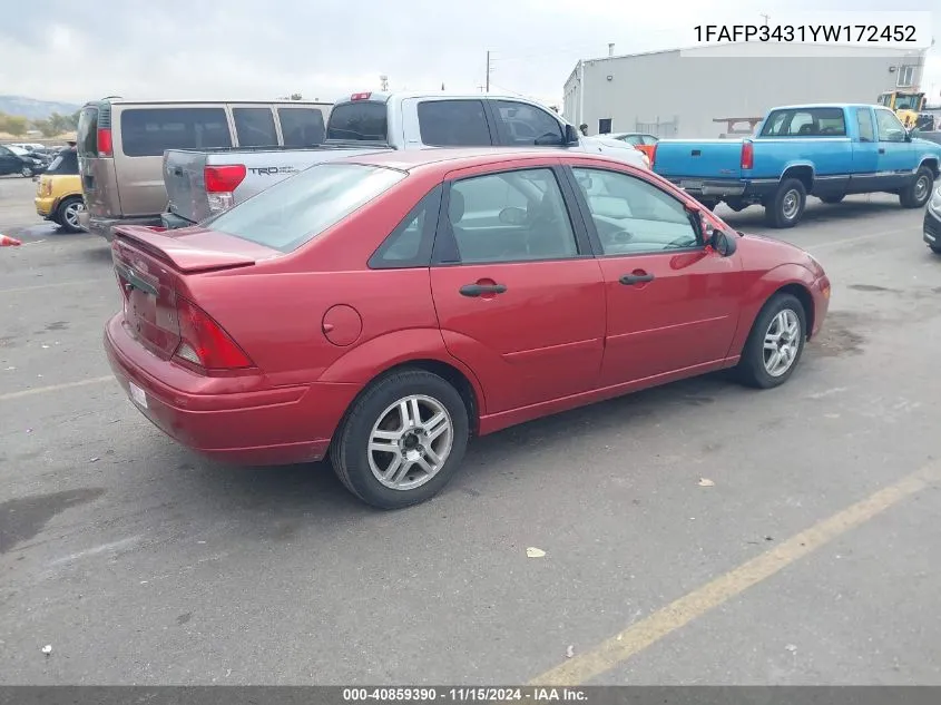 2000 Ford Focus Se VIN: 1FAFP3431YW172452 Lot: 40859390