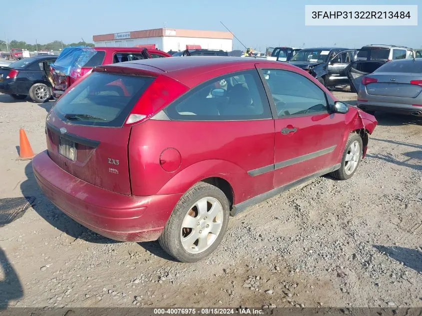 2002 Ford Focus Zx3 VIN: 3FAHP31322R213484 Lot: 40076975