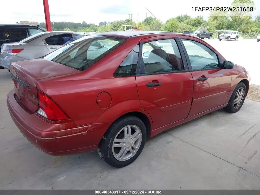 2002 Ford Focus Se VIN: 1FAFP34P82W251658 Lot: 40343317