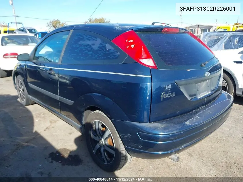 2002 Ford Focus Zx3 VIN: 3FAFP31302R226001 Lot: 40846814