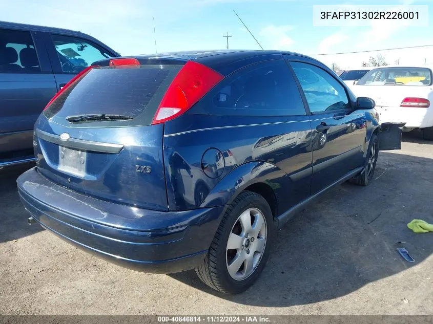 2002 Ford Focus Zx3 VIN: 3FAFP31302R226001 Lot: 40846814