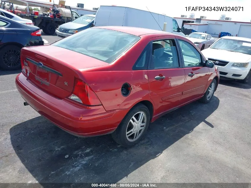 2003 Ford Focus Se VIN: 1FAFP34343W324071 Lot: 40041480