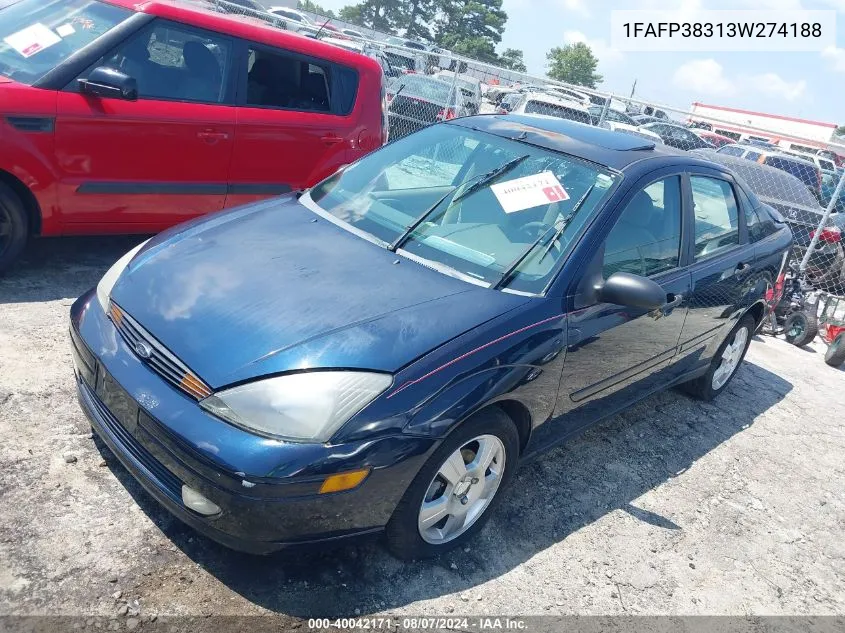 2003 Ford Focus Zts VIN: 1FAFP38313W274188 Lot: 40042171