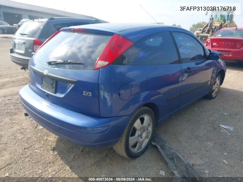 2003 Ford Focus Zx3 VIN: 3FAFP31303R176718 Lot: 40073034