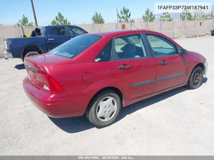 2003 Ford Focus Lx VIN: 1FAFP33P73W187941 Lot: 40214962