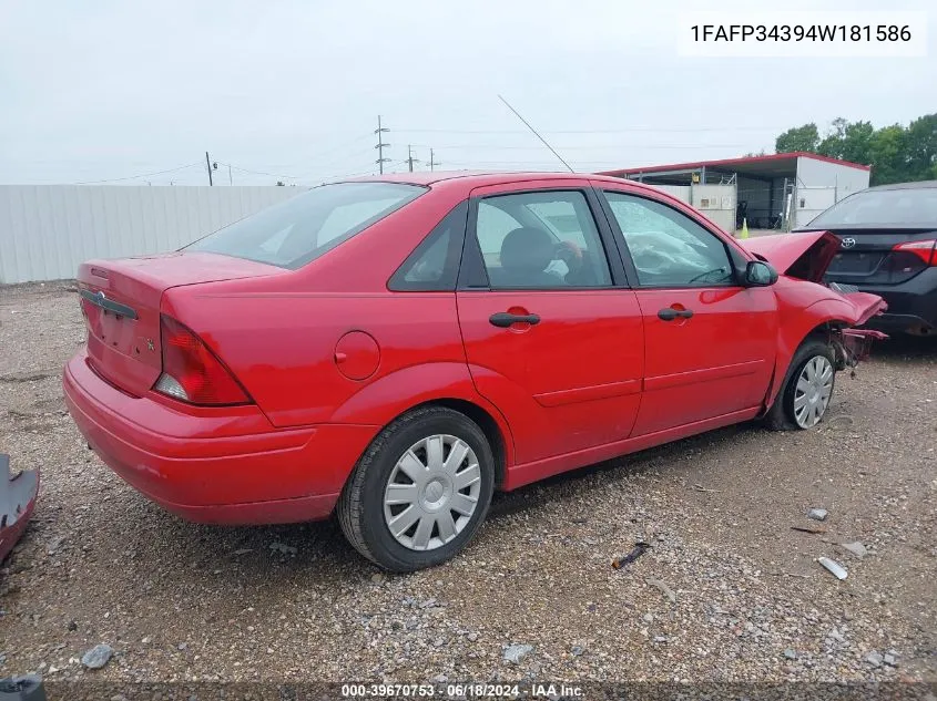 2004 Ford Focus Se VIN: 1FAFP34394W181586 Lot: 39670753