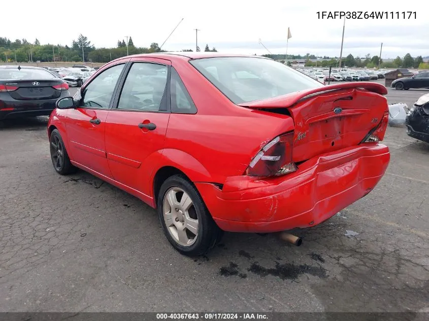 2004 Ford Focus Zts VIN: 1FAFP38Z64W111171 Lot: 40367643