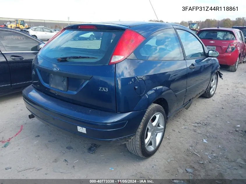 2004 Ford Focus Zx3 VIN: 3FAFP31Z44R118861 Lot: 40773338