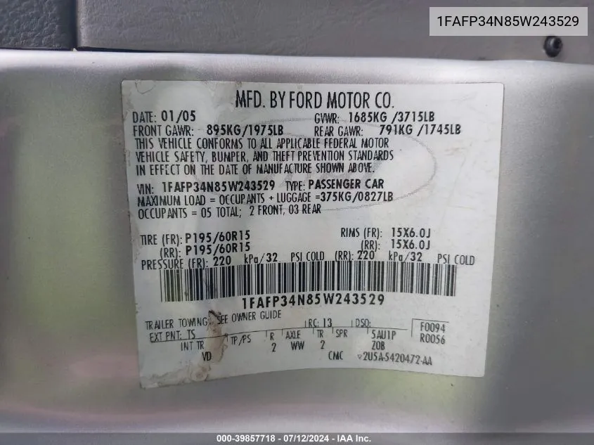 1FAFP34N85W243529 2005 Ford Focus Zx4