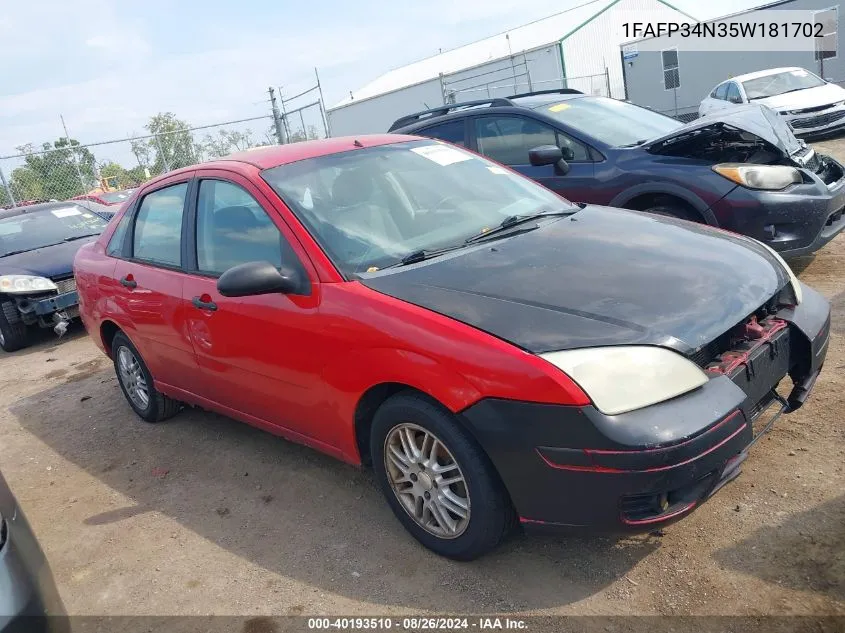 2005 Ford Focus Zx4 VIN: 1FAFP34N35W181702 Lot: 40193510