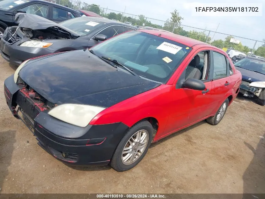 2005 Ford Focus Zx4 VIN: 1FAFP34N35W181702 Lot: 40193510