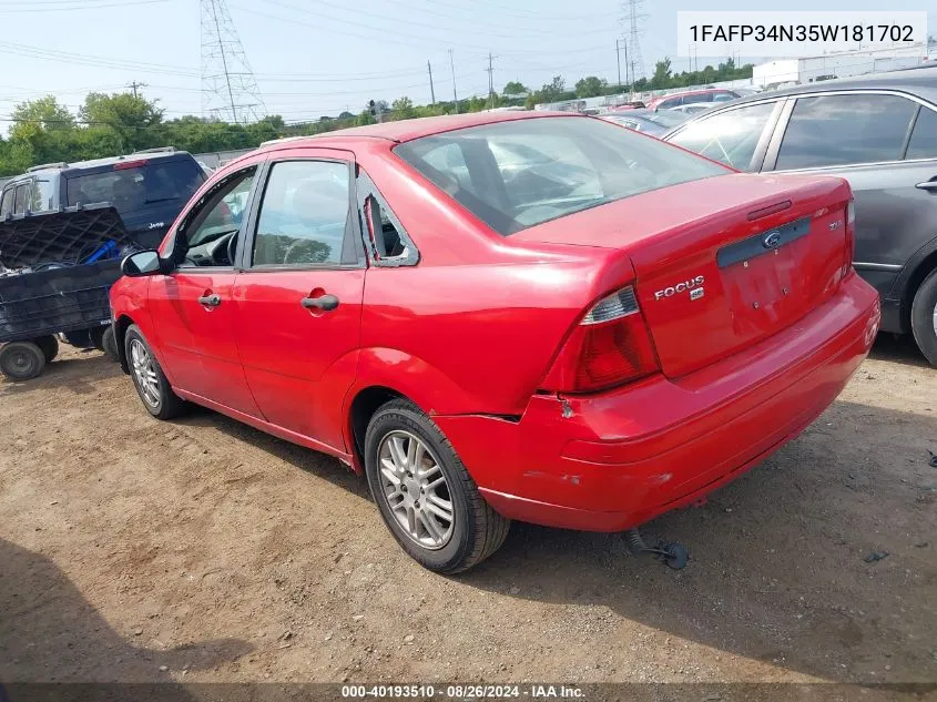 2005 Ford Focus Zx4 VIN: 1FAFP34N35W181702 Lot: 40193510