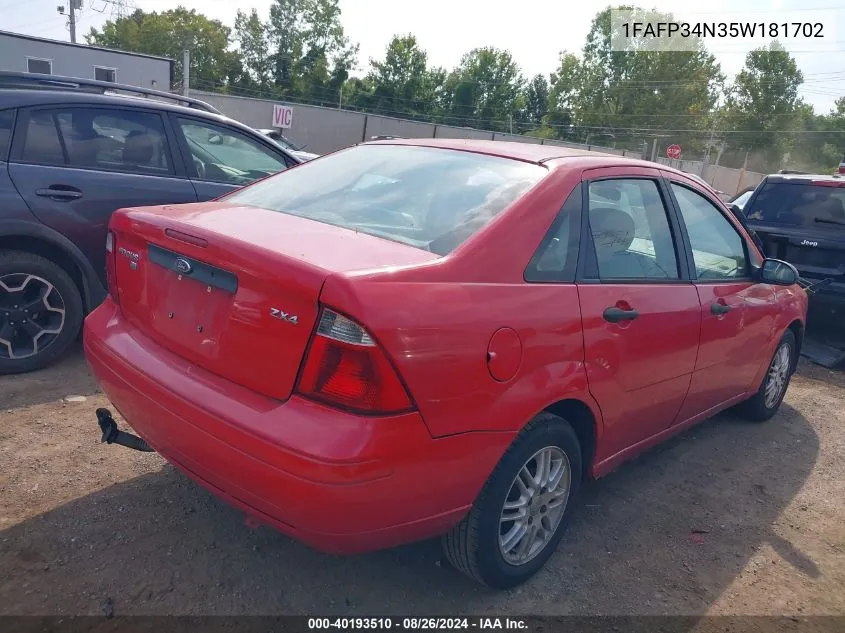 2005 Ford Focus Zx4 VIN: 1FAFP34N35W181702 Lot: 40193510