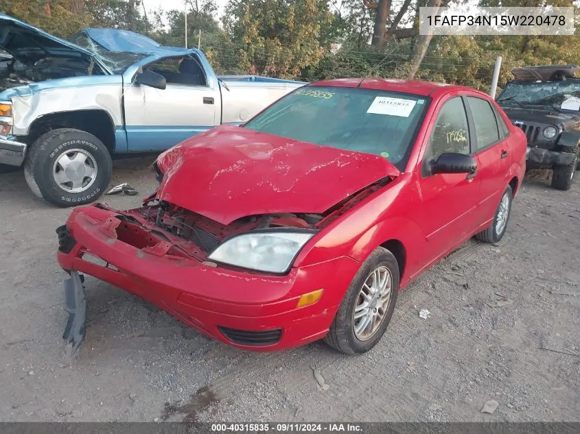 2005 Ford Focus Zx4 VIN: 1FAFP34N15W220478 Lot: 40315835