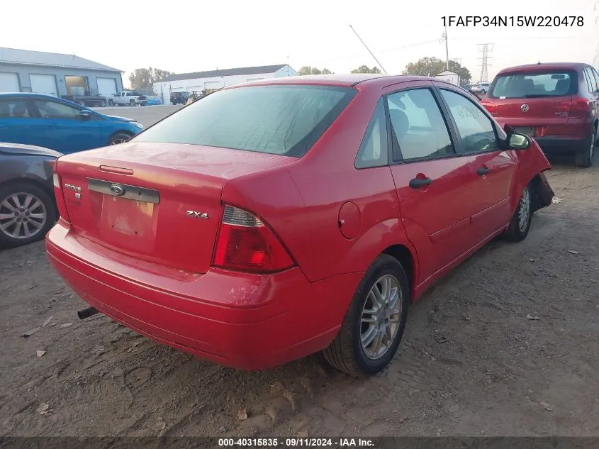 2005 Ford Focus Zx4 VIN: 1FAFP34N15W220478 Lot: 40315835