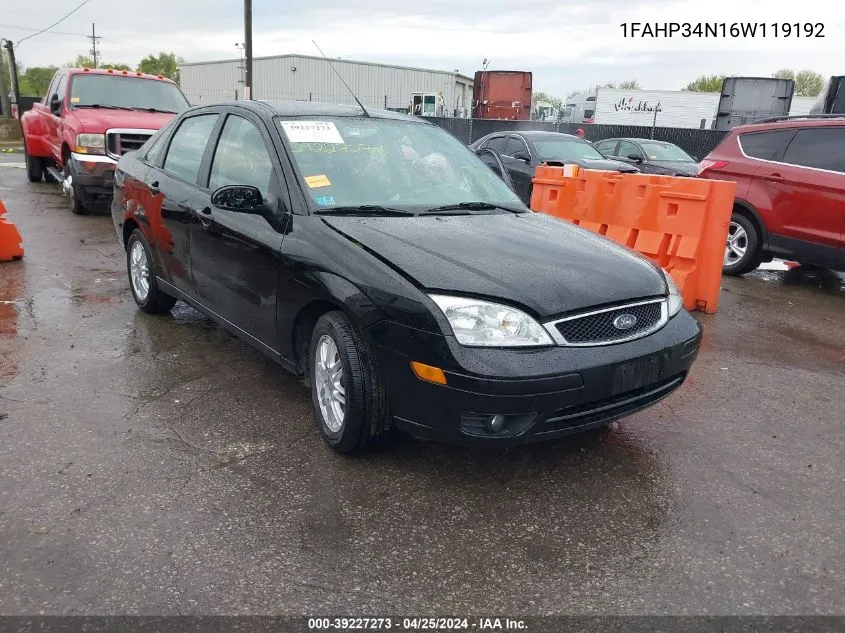 2006 Ford Focus Zx4 VIN: 1FAHP34N16W119192 Lot: 39227273