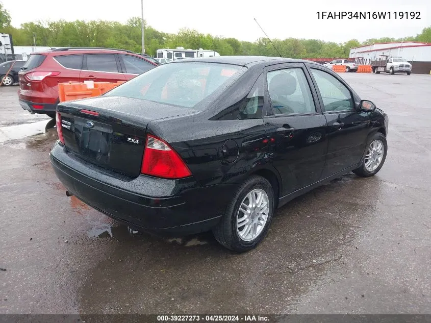 2006 Ford Focus Zx4 VIN: 1FAHP34N16W119192 Lot: 39227273