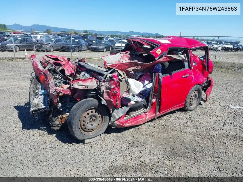 2006 Ford Focus Zx4 VIN: 1FAFP34N76W243863 Lot: 39648048