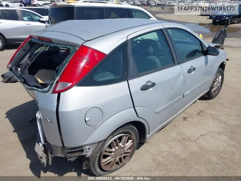 2006 Ford Focus Zx5 VIN: 1FAFP37N26W185172 Lot: 39686935