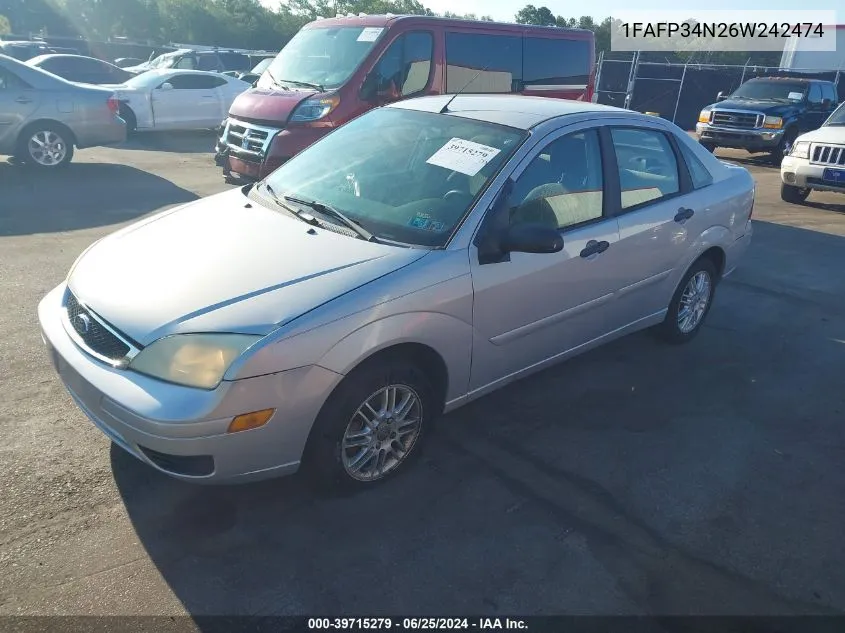 2006 Ford Focus Zx4 VIN: 1FAFP34N26W242474 Lot: 39715279