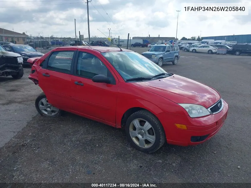 2006 Ford Focus Se/Zx4 VIN: 1FAHP34N26W205840 Lot: 40117234