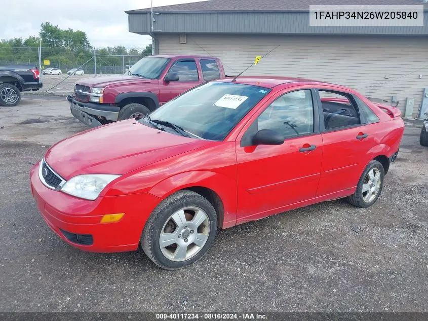 2006 Ford Focus Se/Zx4 VIN: 1FAHP34N26W205840 Lot: 40117234